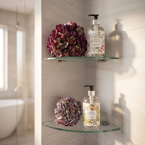 The Claros 250mm Floating Glass Corner Shelf - Image 2