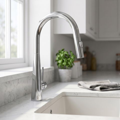 Modern Cone-Base Pull-Out Kitchen Mixer - Polished Chrome - Image 2