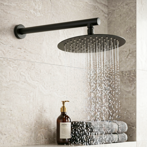 Milo 250mm Round Rainfall Shower Head with 400mm Arm - Matte Black - Image 4