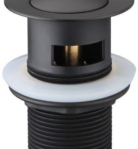 Black pop-up drain stopper with overflow holes.