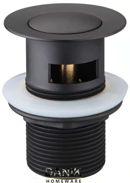 Black pop-up drain stopper with overflow holes.
