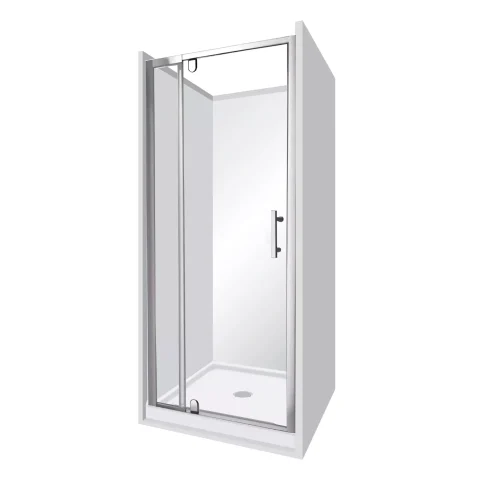Glass shower enclosure with metal frame and door handle.