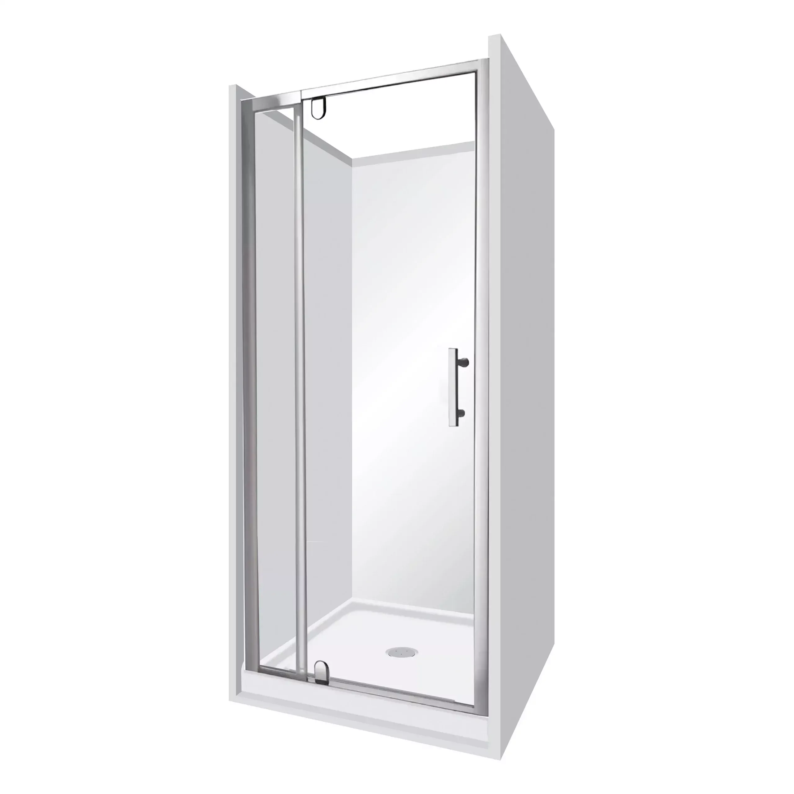 Glass shower enclosure with metal frame and door handle.