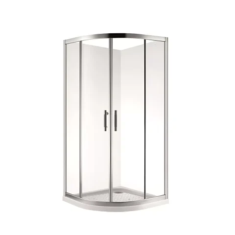 Corner shower enclosure with glass doors and metal frame.