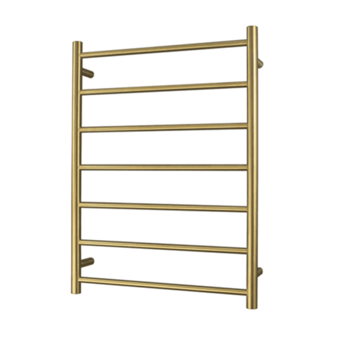 Gold wall-mounted towel rack with seven horizontal bars.