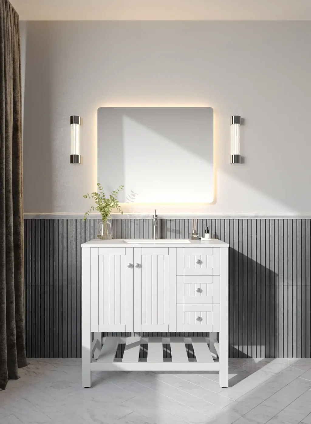 Modern bathroom with illuminated mirror, white vanity, and wall sconces.