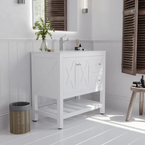 Villa 900mm Solid Wood Floor-Standing Vanity - Hampton Collection - Matte White - Image 3