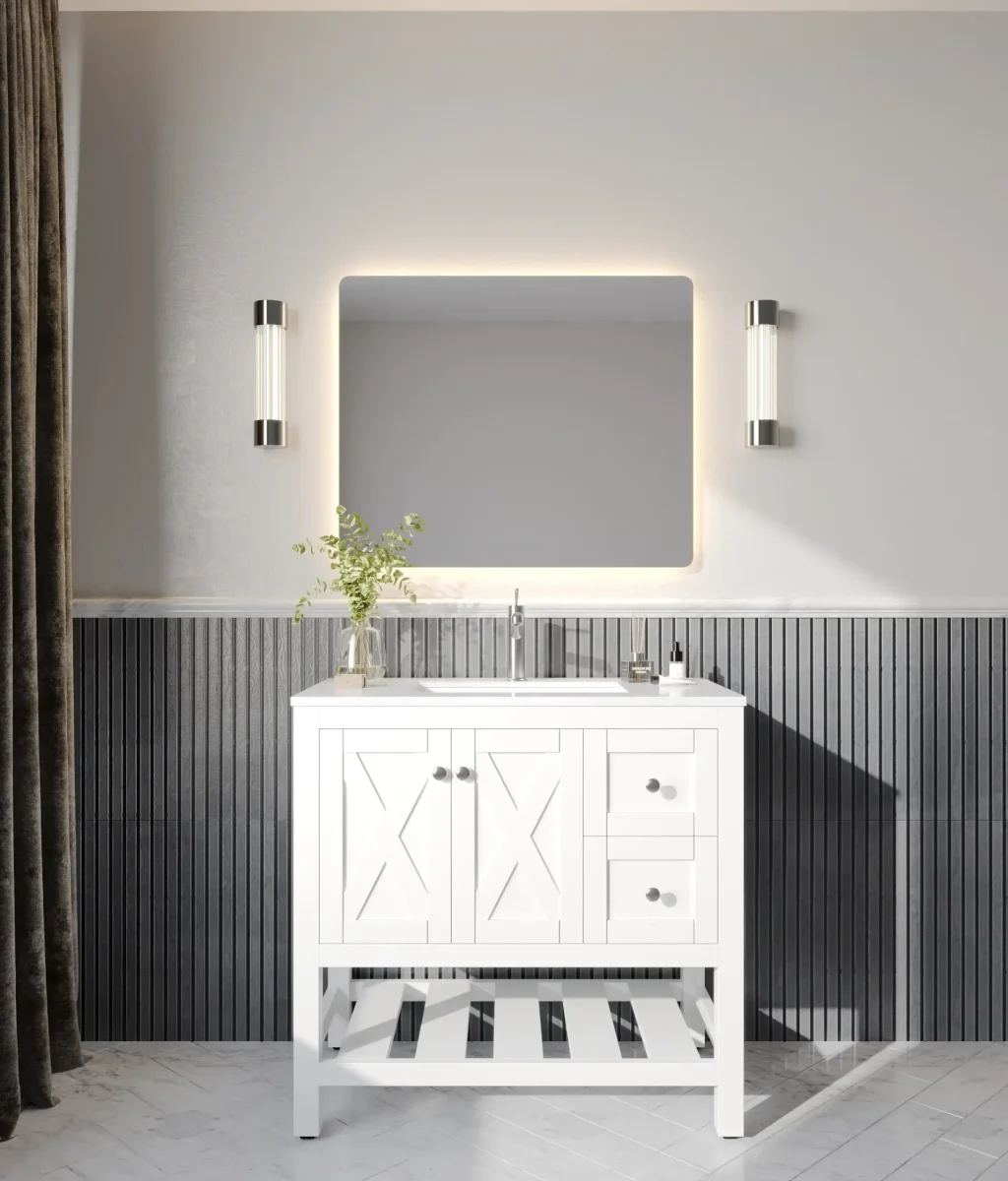Modern bathroom with illuminated mirror, white vanity, and decorative wall paneling.