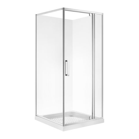 Glass shower enclosure with metal frame and sliding door.