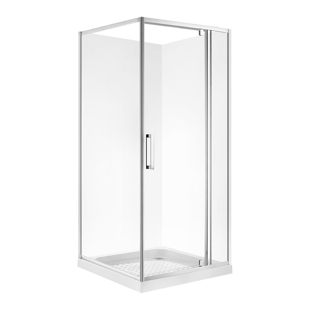 Glass shower enclosure with metal frame and sliding door.