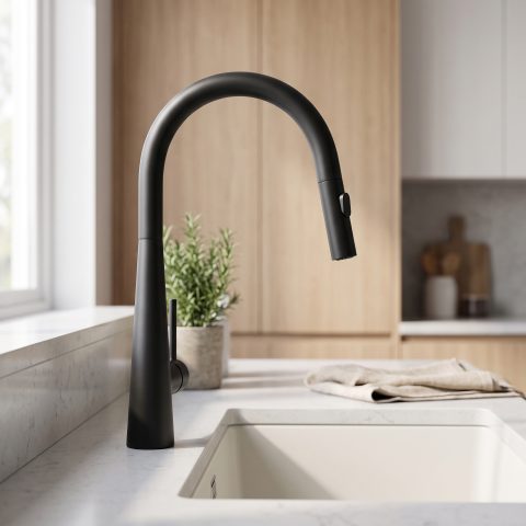Modern Cone-Base Pull-Out Kitchen Mixer - Matte Black - Image 2