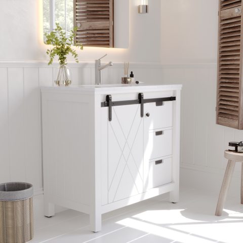 Barn Door 900mm Solid Wood Floor-Standing Vanity - Hampton Series - Matte White - Image 3
