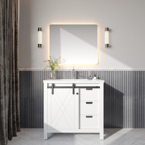 Barn Door 900mm Solid Wood Floor-Standing Vanity - Hampton Series - Matte White - Image 6