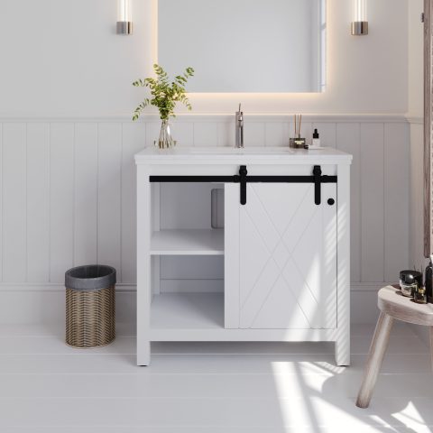 Barn Door 900mm Solid Wood Floor-Standing Vanity - Hampton Series - Matte White - Image 2