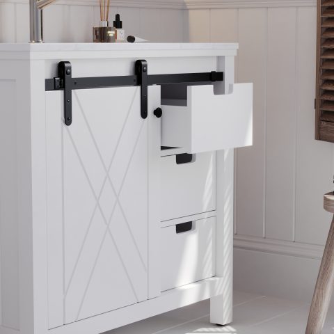 Barn Door 900mm Solid Wood Floor-Standing Vanity - Hampton Series - Matte White - Image 5