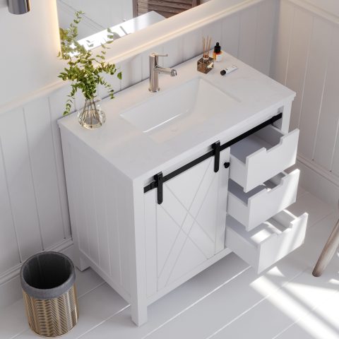 Barn Door 900mm Solid Wood Floor-Standing Vanity - Hampton Series - Matte White - Image 4