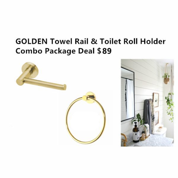 golden towel ring and toilet roll holder combo