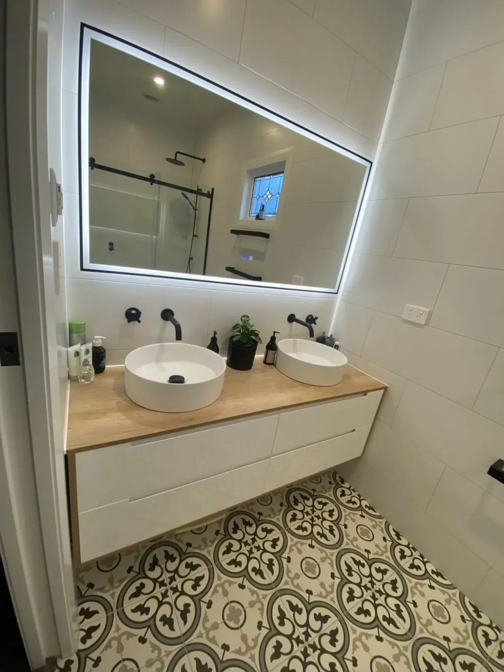 WALL HUNG LIGHT OAK PLYWOOD WITH CERAMIC BASIN