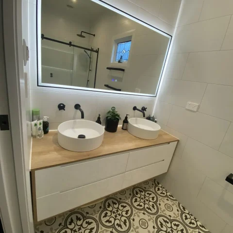 WALL HUNG LIGHT OAK PLYWOOD WITH CERAMIC BASIN