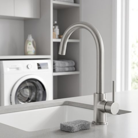 Modern Pin Lever Gooseneck Mixer - Brushed Nickel (Kitchen/Laundry) - Image 3