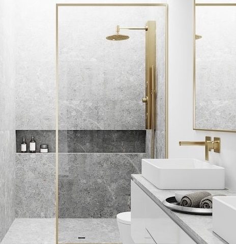 Walk In 900wx1950hmm Shower Glass with Four Brushed Gold Channels - Image 5