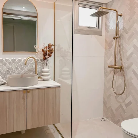 Walk In 900wx1950hmm Shower Glass with Four Brushed Gold Channels - Image 6