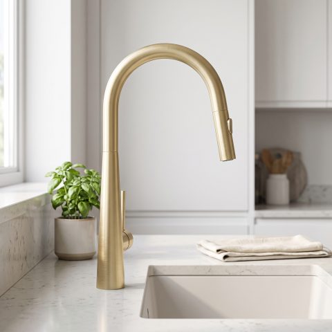 Modern Cone-Base Pull-Out Kitchen Mixer - Brushed Gold - Image 2