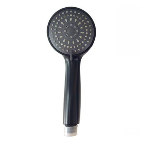 Black handheld showerhead with multiple spray nozzles.