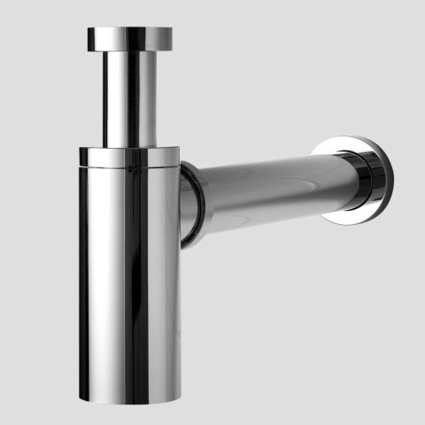 Chrome bottle trap against a plain background.