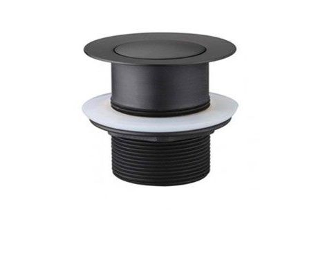 Black pop-up drain stopper for sinks, isolated on white background.