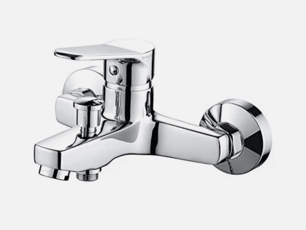 Chrome wall-mounted bathroom faucet with dual handles and spout.