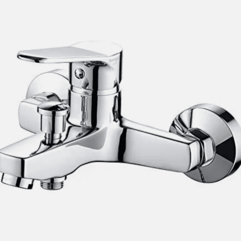 Chrome wall-mounted bathroom faucet with dual handles and spout.