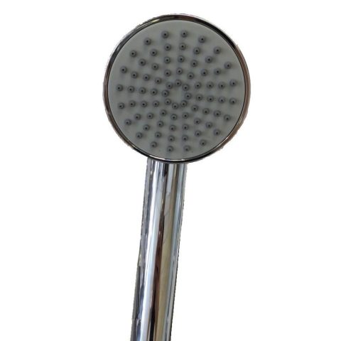 Chrome handheld showerhead with multiple spray nozzles.