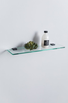 Glass shelf with a plant and a bottle against a white wall.