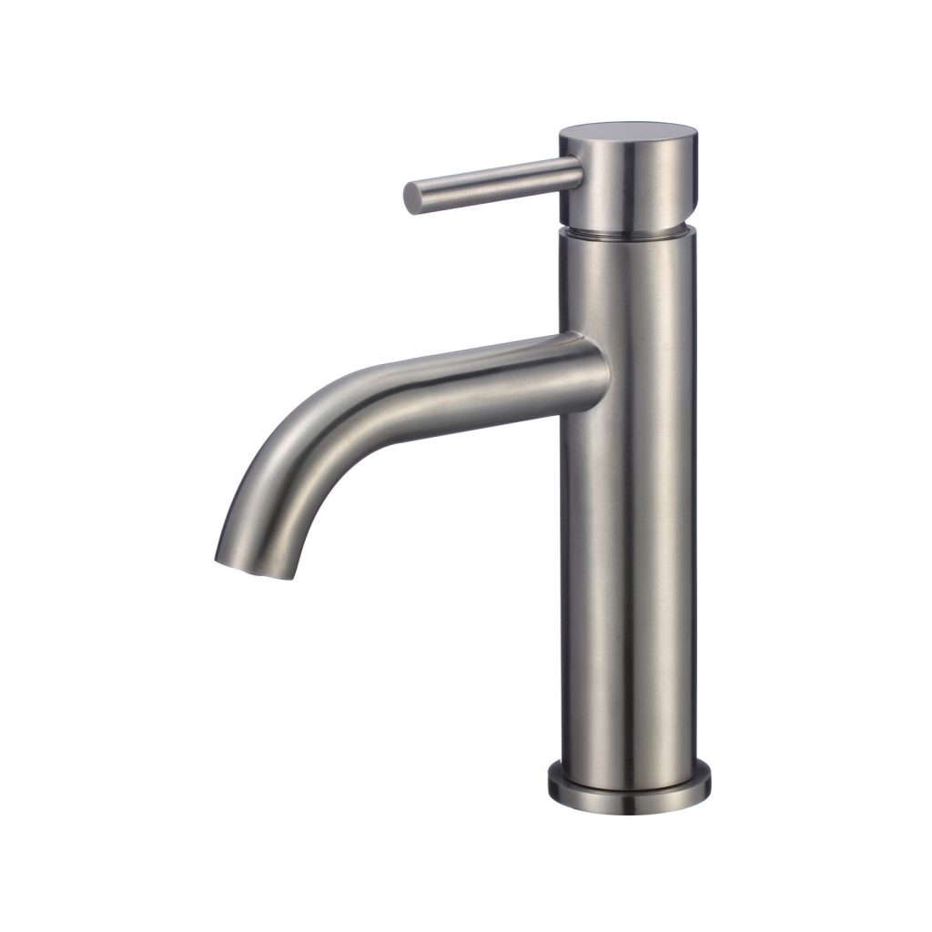 Modern stainless steel bathroom faucet with single lever handle.