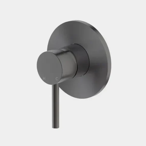 Black wall-mounted shower handle on a white background.