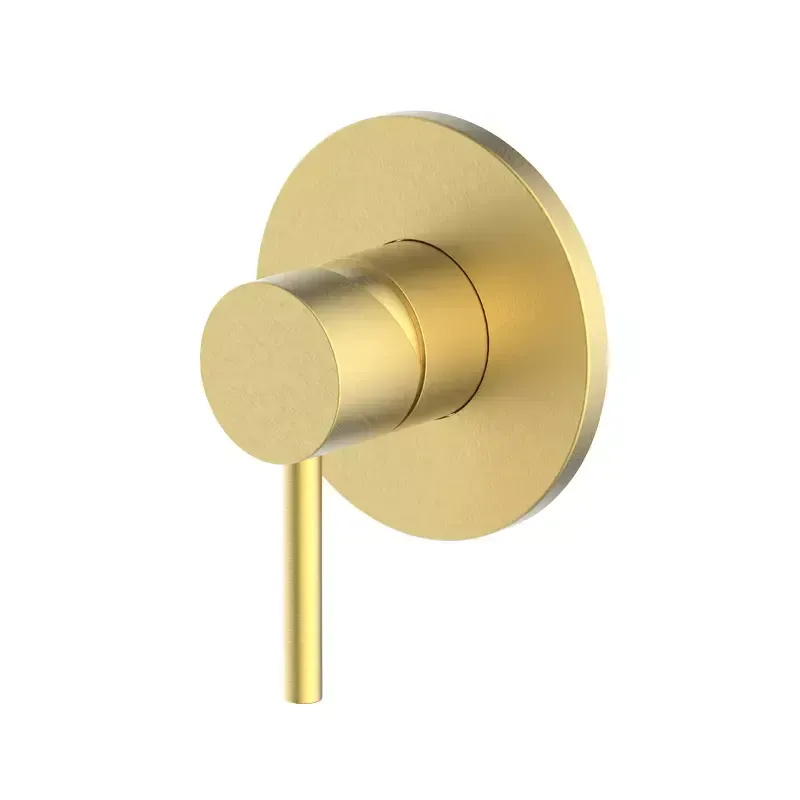 Gold wall-mounted shower valve with a round handle.