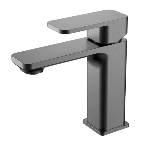 Modern matte black bathroom faucet with a single lever handle.