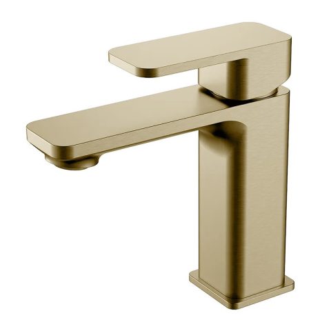 Gold modern bathroom faucet with a sleek, minimalist design.