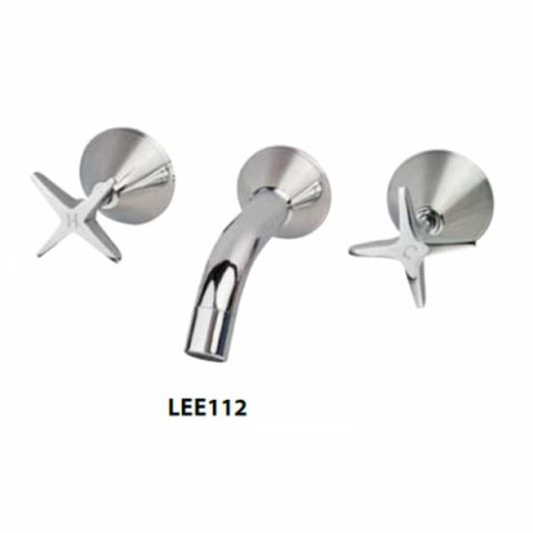 Chrome bathroom faucet with two cross handles labeled "H" and "C". Model LEE112.