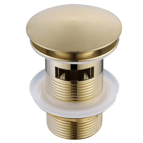 Gold bathroom sink drain stopper with threaded design.