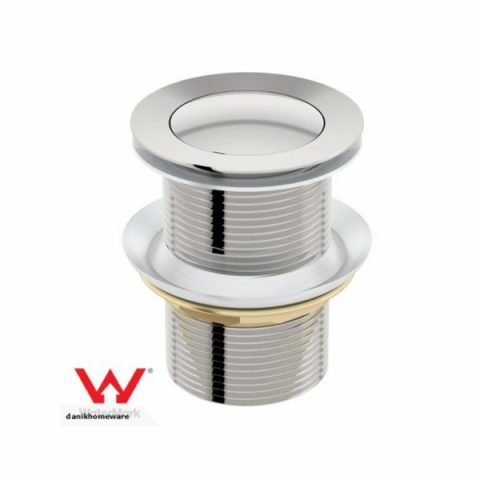 Chrome and gold bathroom sink drain with logo in the corner.