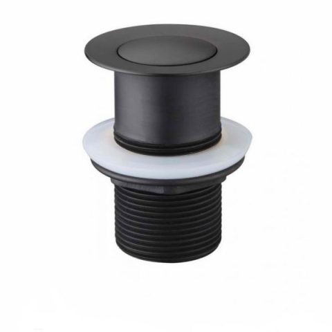 Black pop-up drain stopper with white gasket.