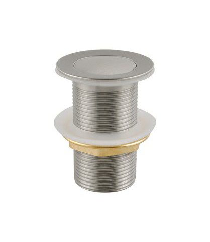 Stainless steel pop-up drain stopper with brass accents.