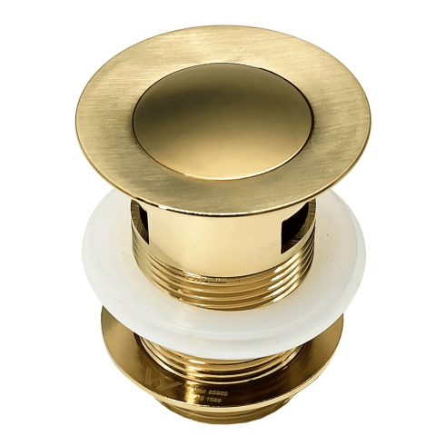 Gold pop-up sink drain stopper with white gasket.
