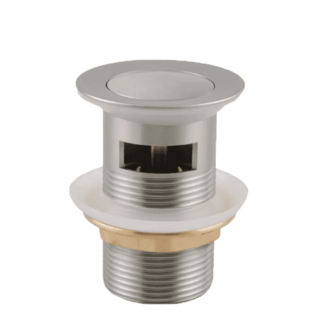 Chrome pop-up drain stopper with overflow holes.