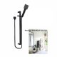 Black shower set with square showerhead and hose, bathroom decor in background.