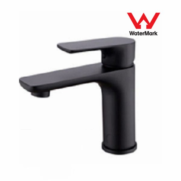 Black modern faucet with WaterMark logo in the corner.