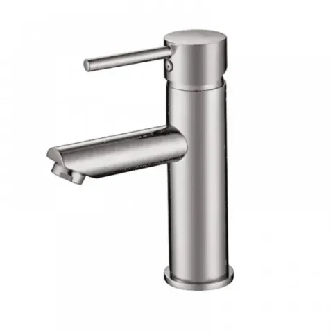 Modern stainless steel bathroom faucet with single lever handle.