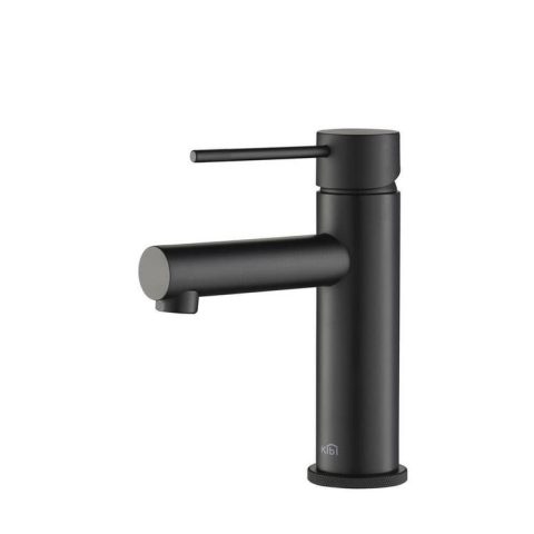 Black modern single-handle bathroom faucet on white background.